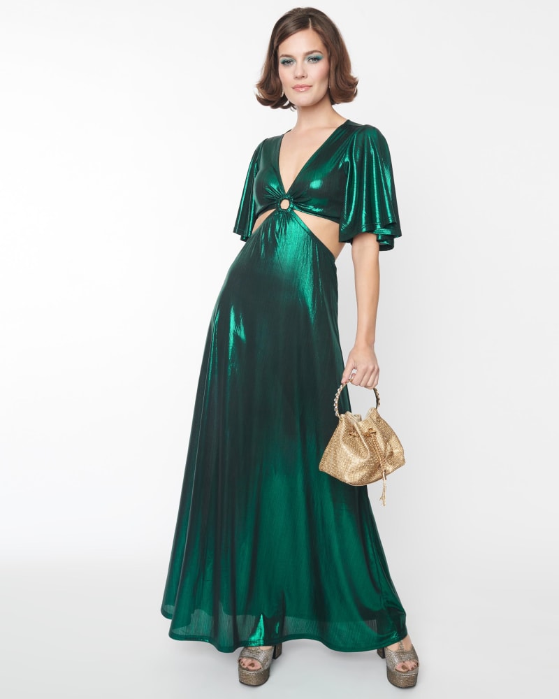 Front of a model wearing a size 2X Smak Parlour Metallic Emerald Green Knit Maxi Dress in Green Metallic by Smak Parlour. | dia_product_style_image_id:316891